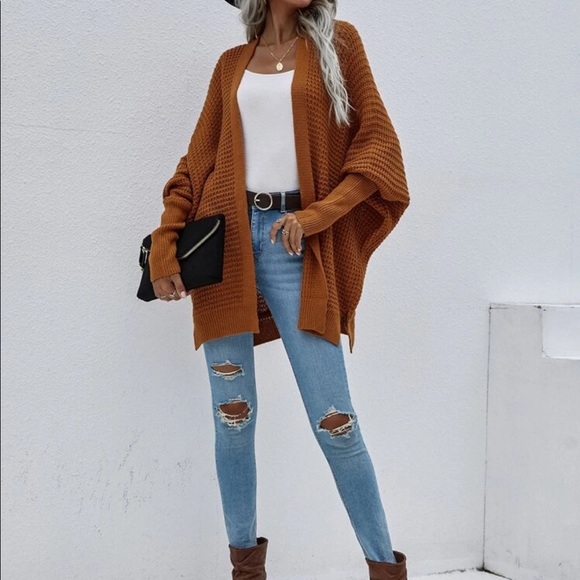 Boho camel tan knit batwing sleeve open cardigan sweater BRAND NEW - Picture 3 of 3
